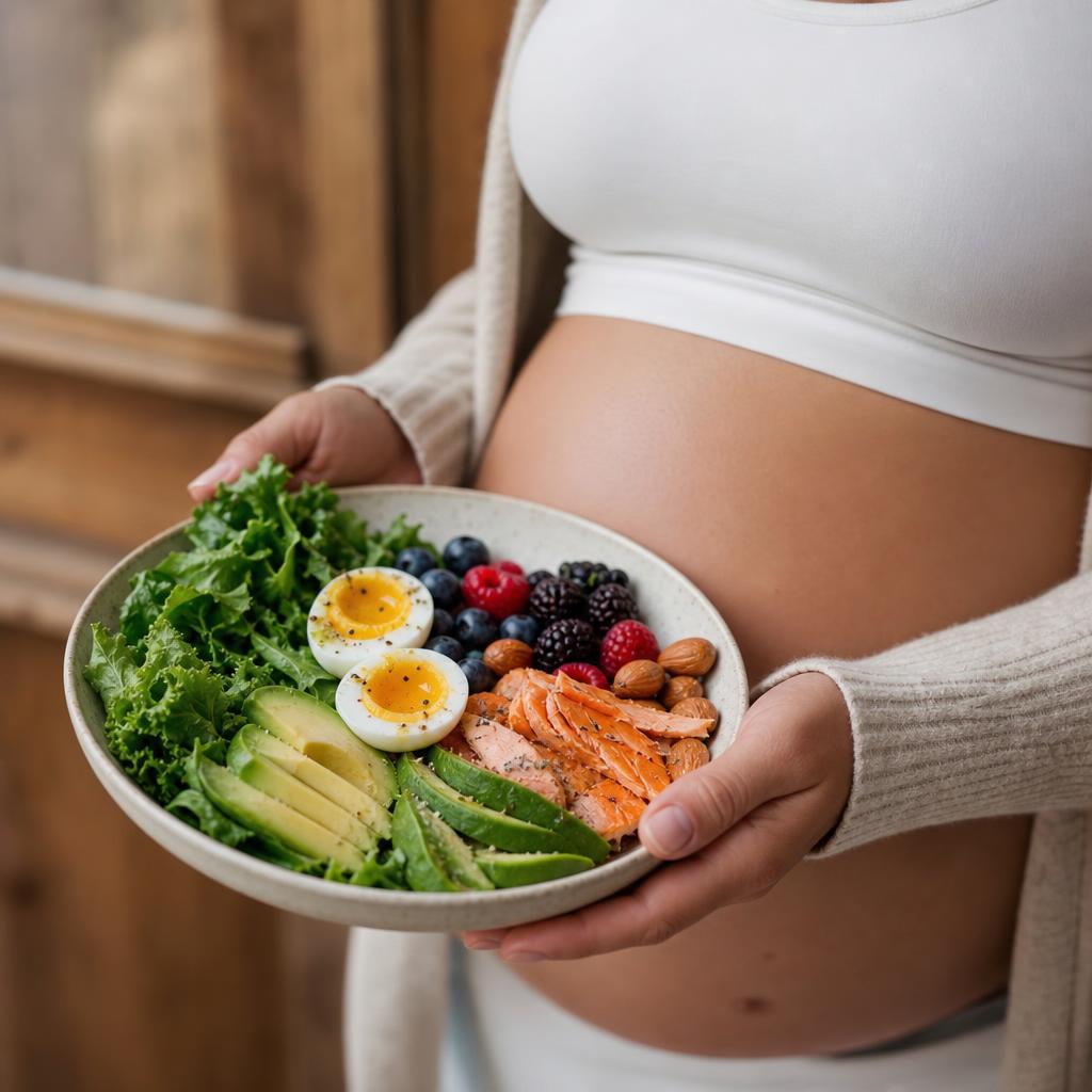 Embarazada con bowl de comida saludable
